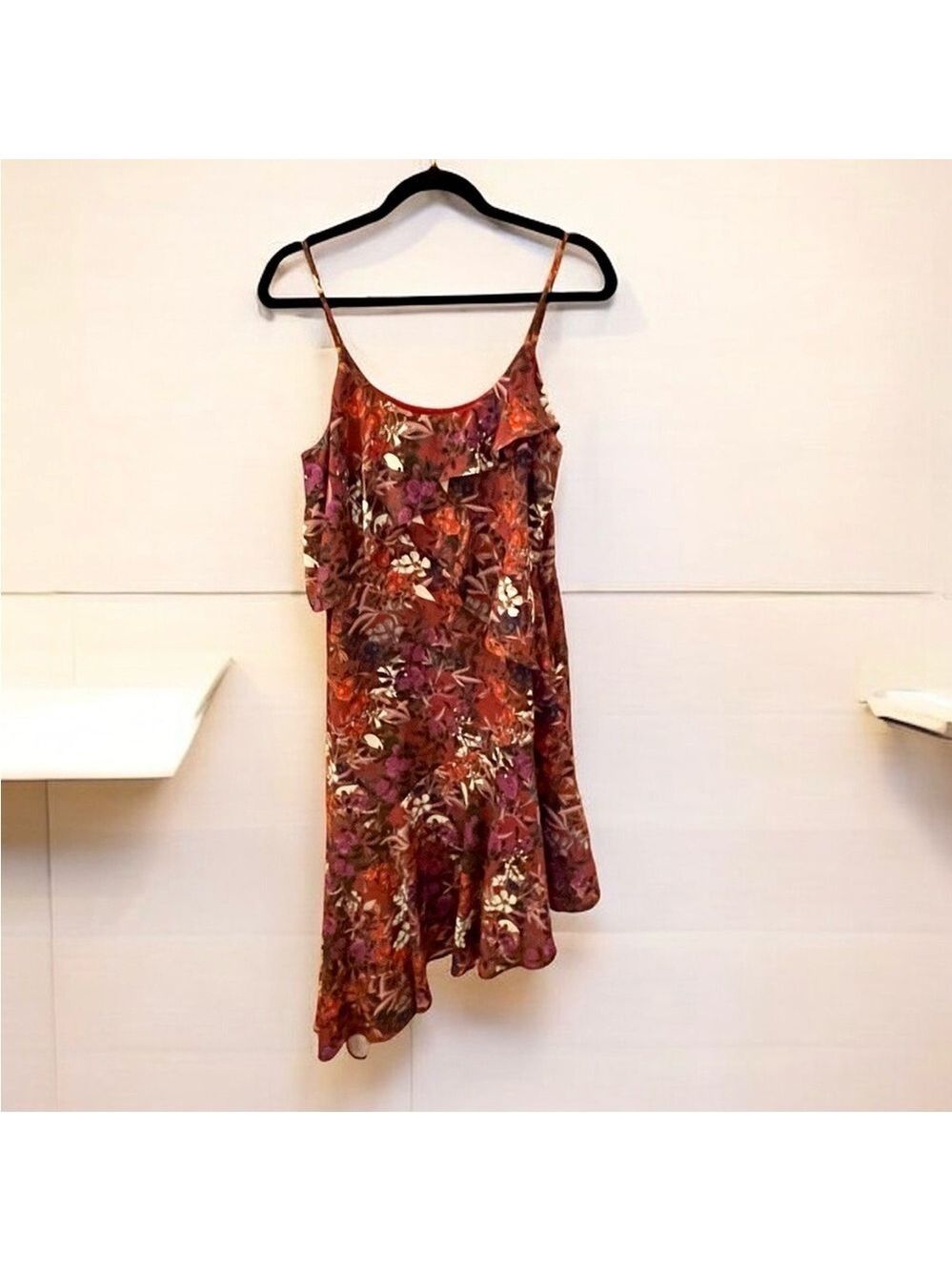 Adelyn Rae Asymmetrical Ruffled Dress, Size M, Red, Orange, Pink Floral Lined